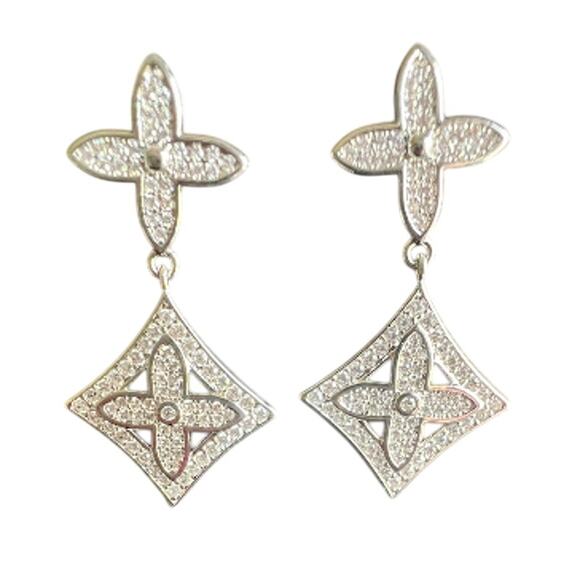 Louis Vuitton Silver LV Monogram Flower Crystal Dangle Drop Earrings (LVXX009) - Picture 1 of 6